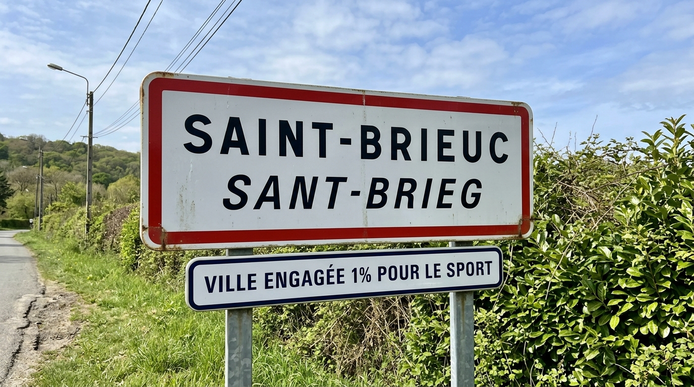 Panneau d'entrée de ville portant la mention « Ville engagée 1 % pour le Sport »